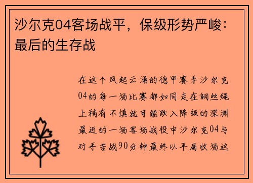 沙尔克04客场战平，保级形势严峻：最后的生存战